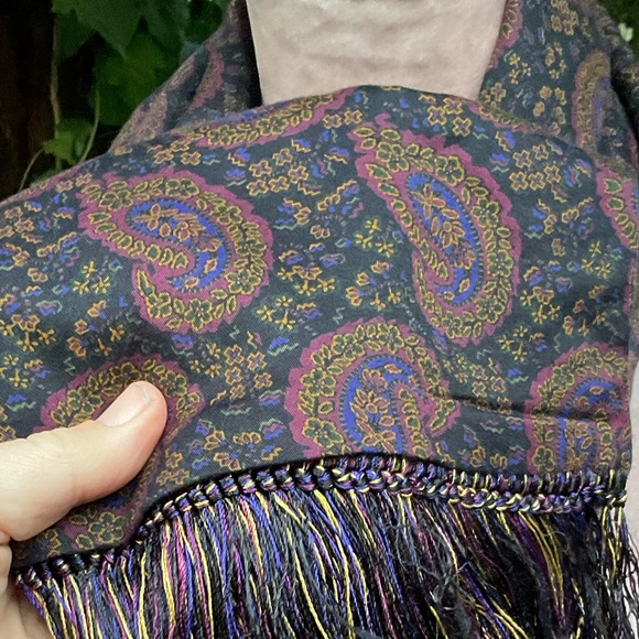 Nick & Nora reversible oblong wool paisley black brown purple winter 14” x  56” - Picture 3 of 10